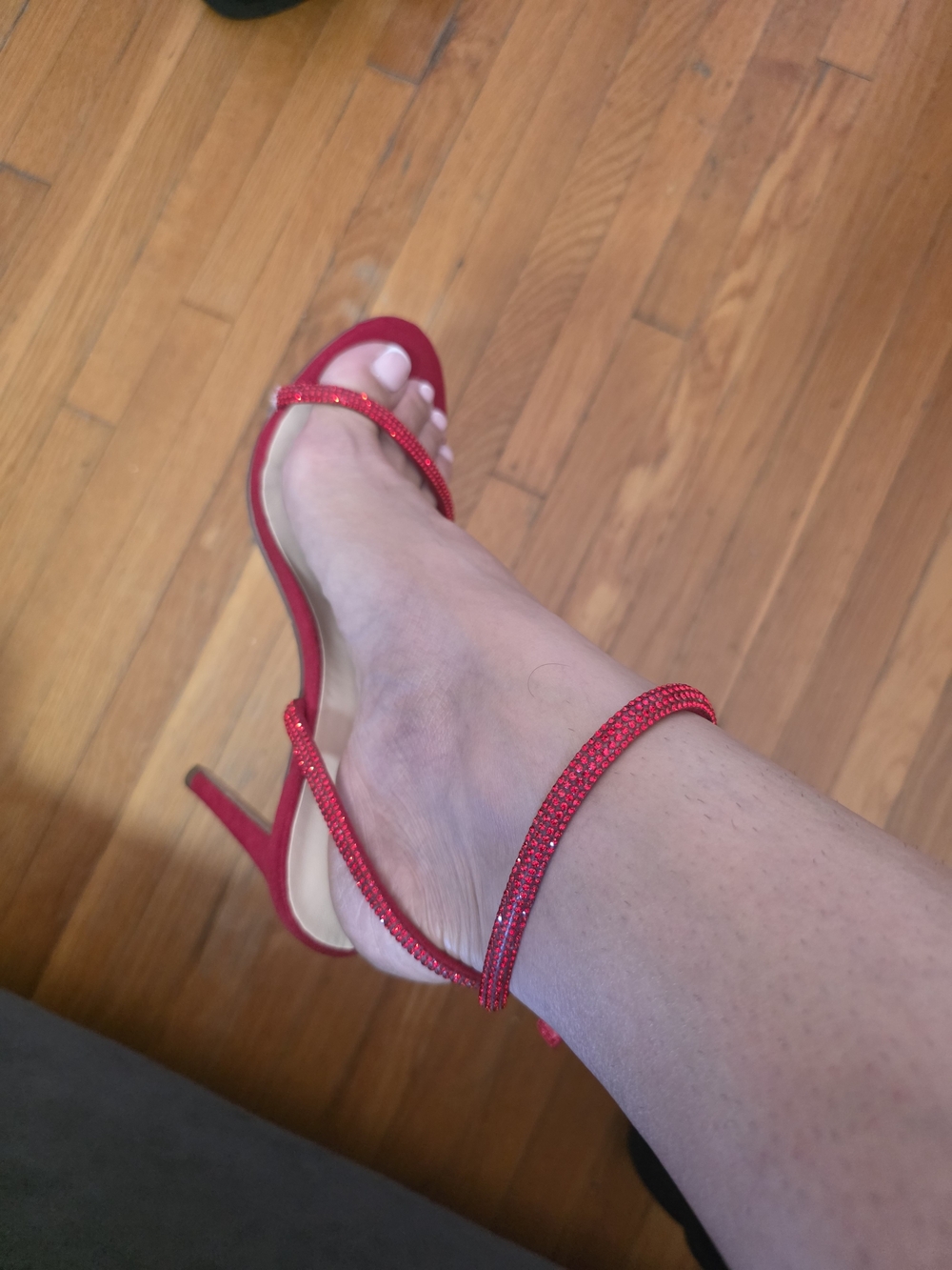 bebe Red Crystal-Strap Stiletto Sandals